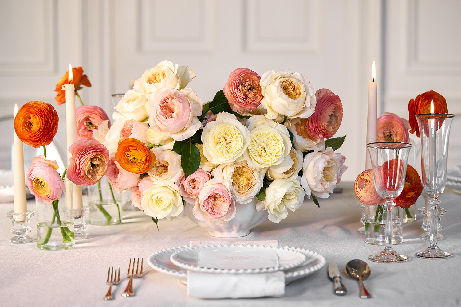 Citrus Linen Rose Bouquet Urn Arrangement for Table Setting