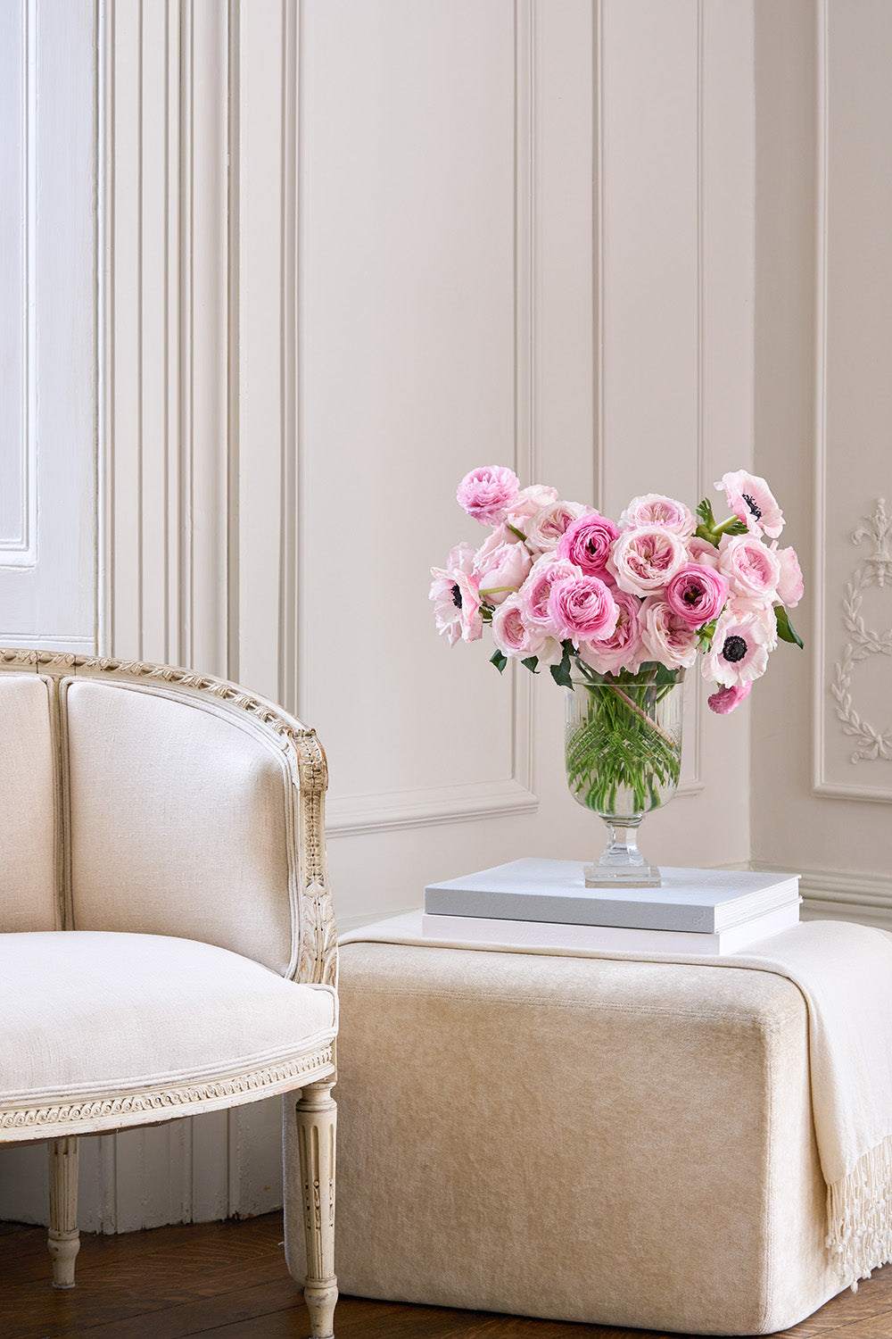 Pink Taffeta Rose Bouquet Arrangement in Vase sat on book