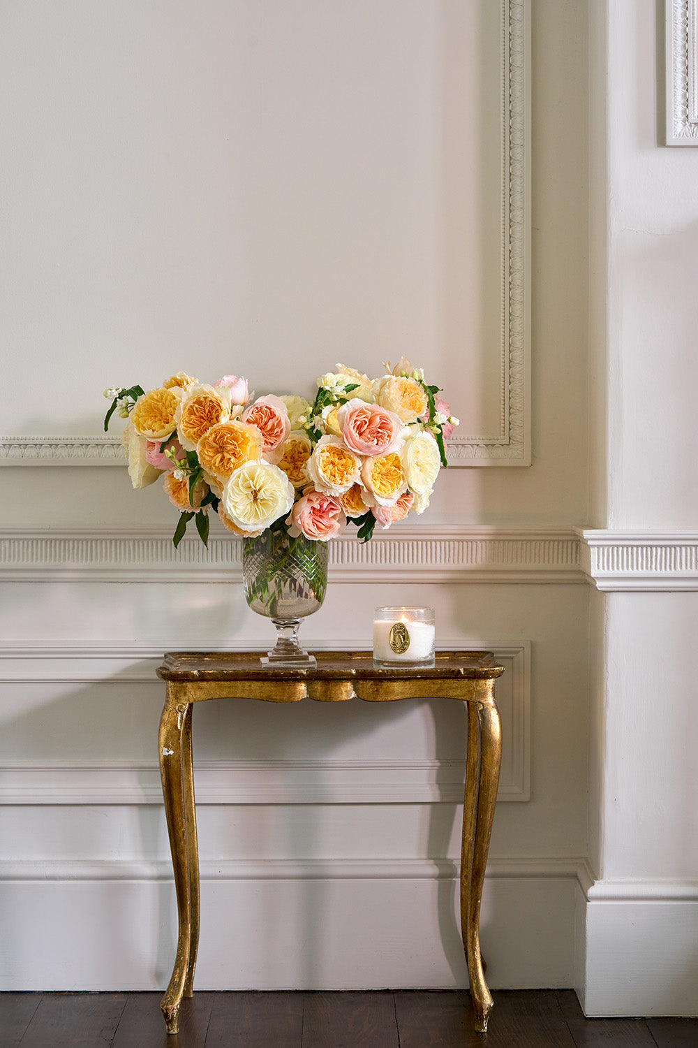 Sorbet Shades Rose Bouquet Arrangement in Vase on Table