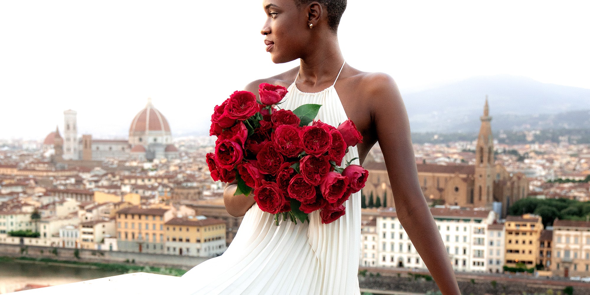 Tess Rose Muse with Bouquet Overlooking Florence City