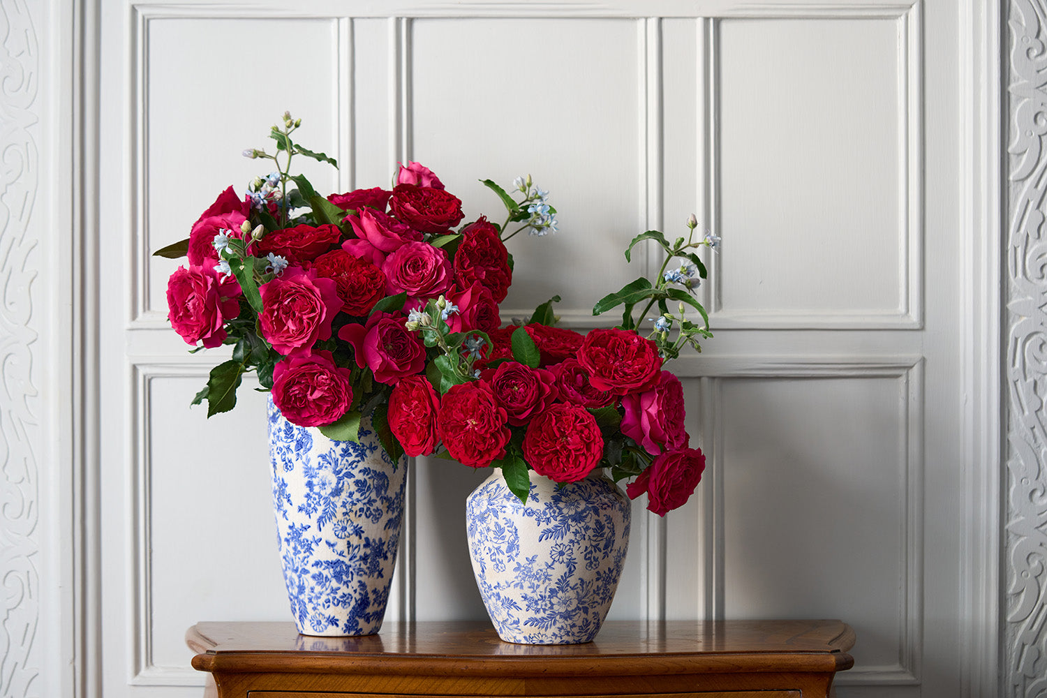 Berry Reds Rose Bouquet in Ceramic Blue Vase
